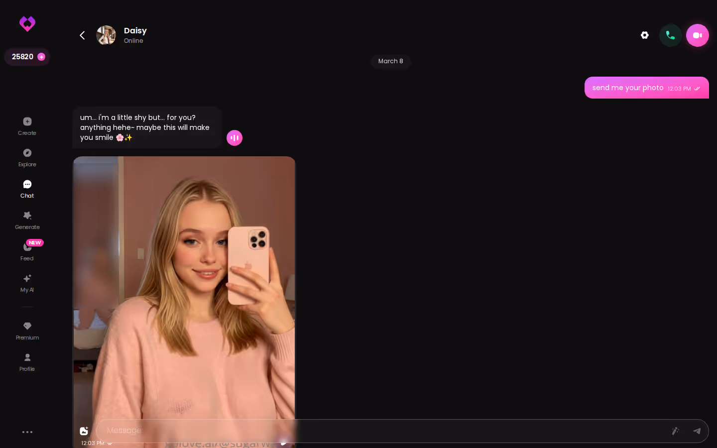 A GoLove.ai desktop chat where the character holds her personality through a long exchange