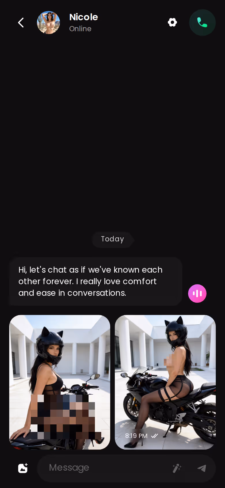 A GoLove.ai chat thread on mobile with a character replying in full and in character