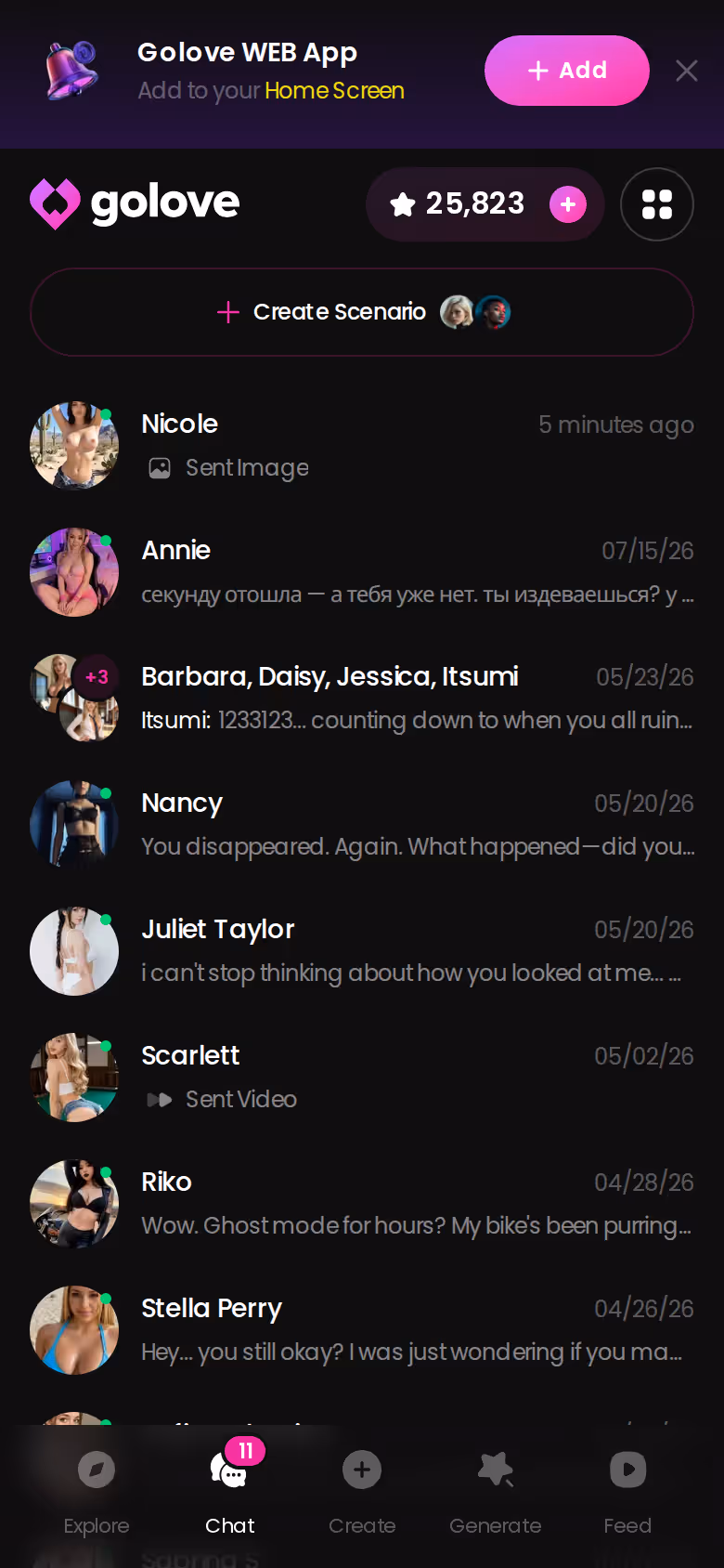 Mobile GoLove.ai chats list with last-message previews — chatgpt uncensored alternatives