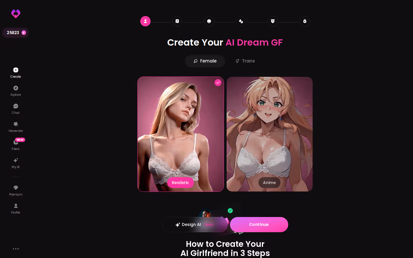 GoLove.ai create wizard start screen on desktop with Realistic and Anime style options