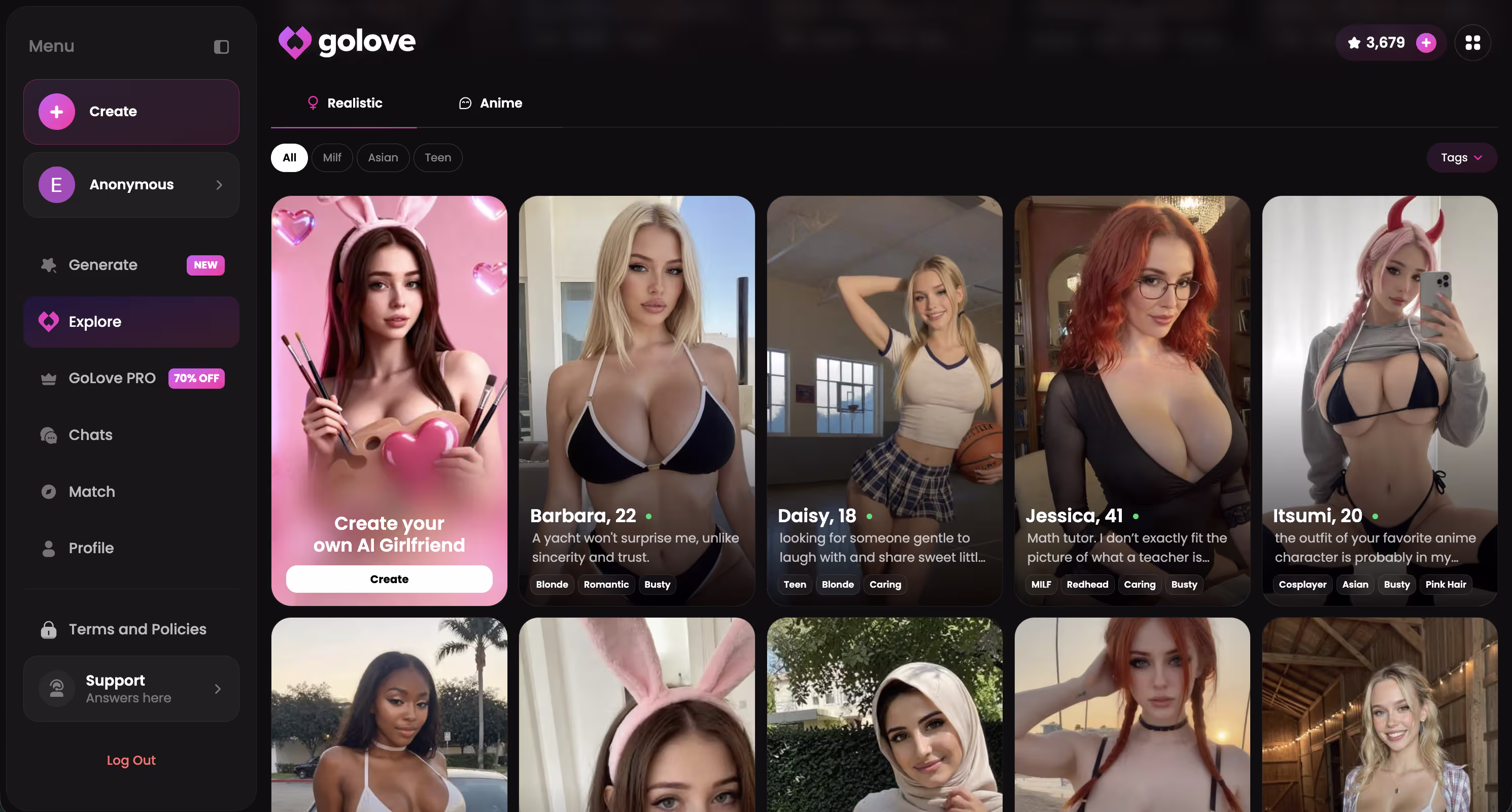 Explore page — browse uncensored AI characters