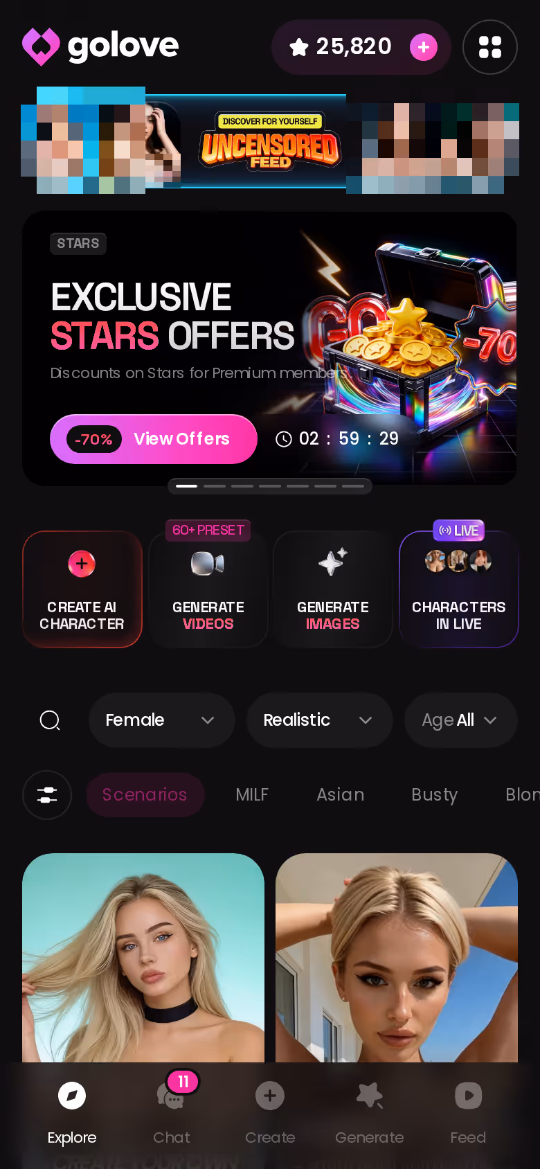 GoLove.ai Explore tab on mobile showing realistic adult characters